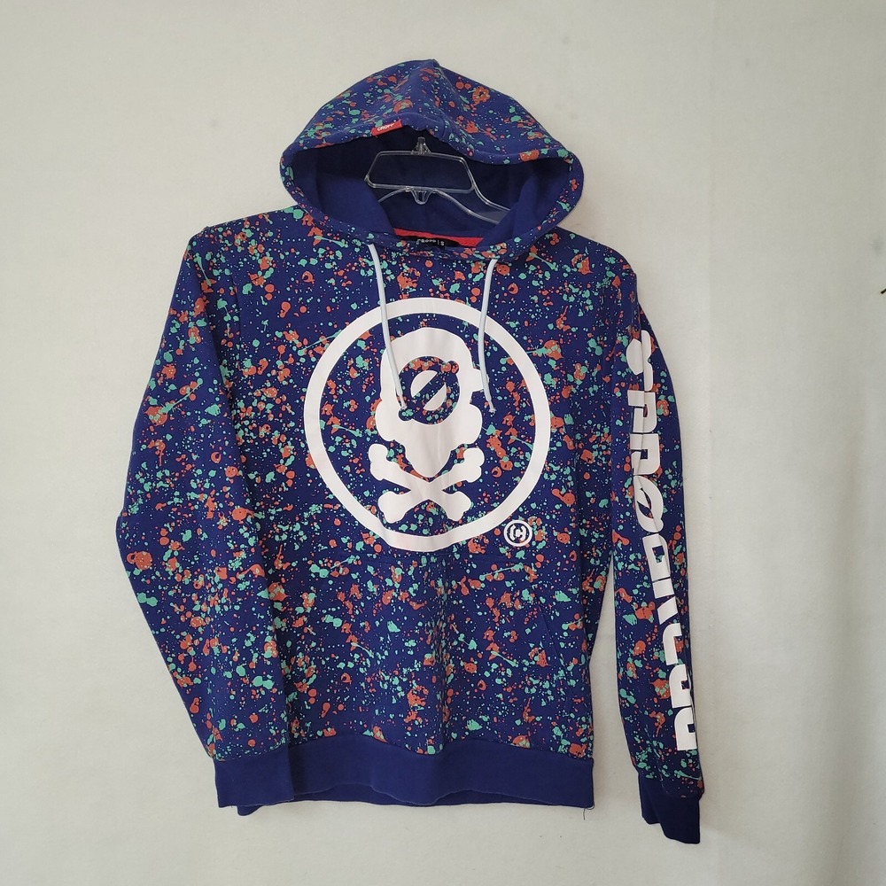 Cropp Mens Progress Hoodie‎ Blue Paint Splatter Skull Graphic Small Pullover